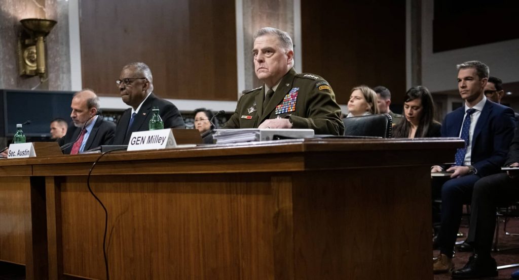 Gen. Mark Milley, chairman of the Joint Chiefs of Staff (center), and Lloyd Austin, Secretary of Defense (left), testify before the Senate Armed Services Committee on the proposed 2024 defense budget. Photo credit: Graeme Sloan/Sipa USA via Reuters Connect