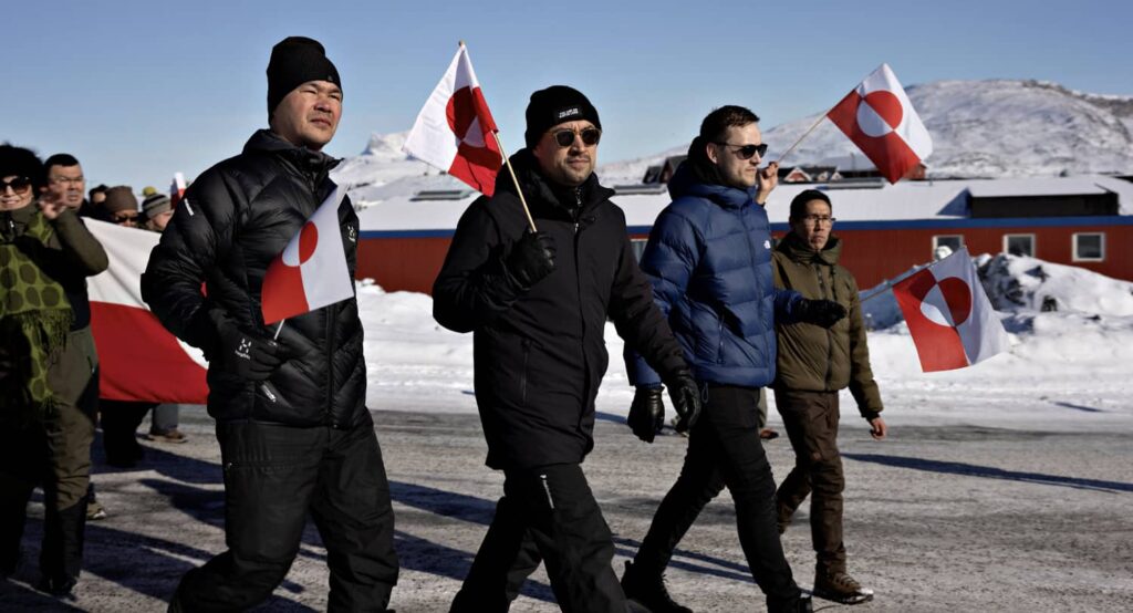 Greenland's prime minister, Múte B. Egede, and the leader of the Demokraatit party, Jens-Frederik Nielsen, demonstrate in front of the US consulate in Nuuk, under the slogan, “Greenland belongs to the Greenlandic people,” March 15, 2025. Photo credit: Christian Klindt Soelbeck/Ritzau Scanpix/via REUTERS.