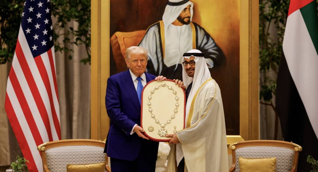 US President Donald Trump receives the Order of Zayed medal from United Arab Emirates President Sheikh Mohamed bin Zayed Al Nahyan in Abu Dhabi, May 15, 2025. Photo credit: REUTERS/Brian Snyder.