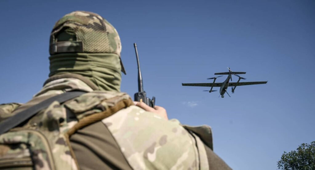 A Ukraine-made GARA UAV for aerial reconnaissance in the Zaporizhzhia region, Ukraine, May 2025. Photo credit: Dmytro Smolienko via Reuters Connect.
