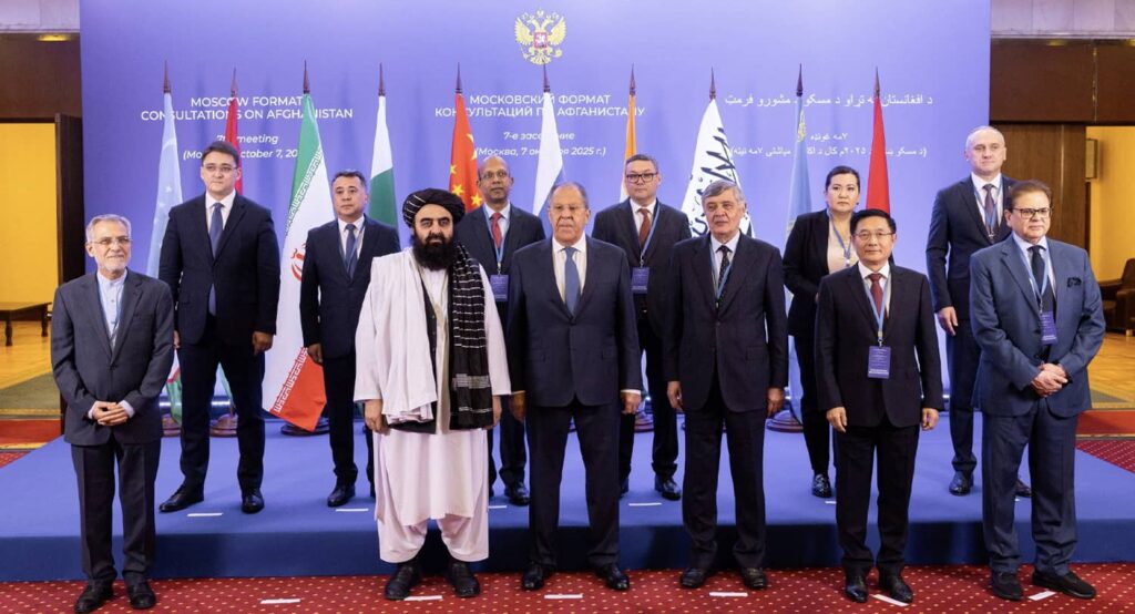 The Moscow Format on Afghanistan met on October 7, 2025 and included Russian Foreign Minister Sergei Lavrov and Afghan Taliban's acting Foreign Minister Amir Khan Muttaqi. Photo credit: Russian Foreign Ministry/Handout via REUTERS.