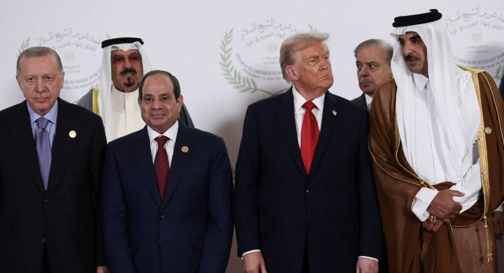 President Trump, Egypt's President Abdel Fattah al-Sisi, Turkish President Tayyip Erdoğan and Qatar's Emir Sheikh Tamim bin Hamad Al Thani in Egypt, October 13, 2025. Photo credit: REUTERS.
