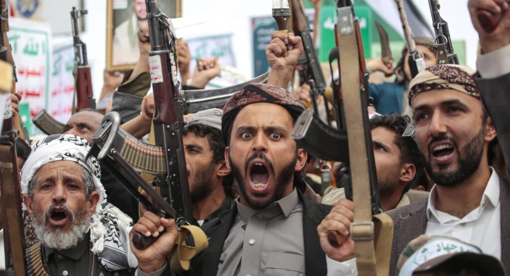 Houthi supporters protest against the US and Israel in Sanaa, 9 May 2025. Photo credit: IMAGO/Hamza Ali via Reuters Connect.