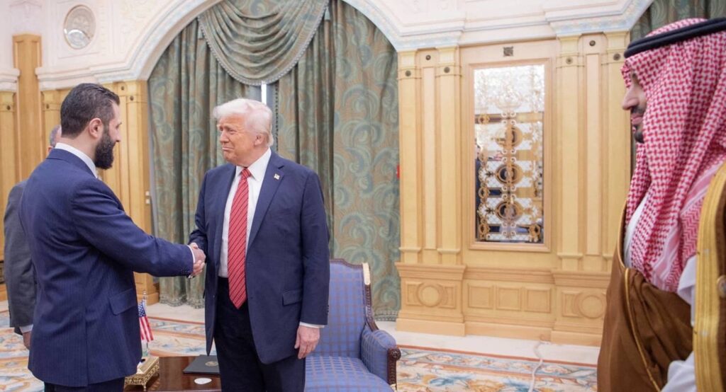 US President Donald Trump meets with Syrian President Ahmad al-Sharaa in Riyadh, Saudi Arabia, May 14, 2025. Photo credit: via REUTERS.