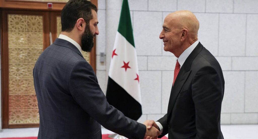 Syrian President Ahmed al-Shara’a and US Special Envoy to Syria Thomas Barrack in Damascus, Syria, May 2025. Photo credit: IMAGO/APAimages via Reuters Connect.