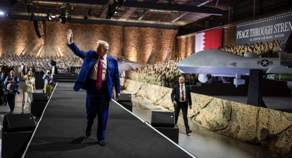 President Donald Trump visits al-Udeid Air Base in Qatar, May 15, 2025. Photo credit: Daniel Torok/White House/ZUMA Press Wire.