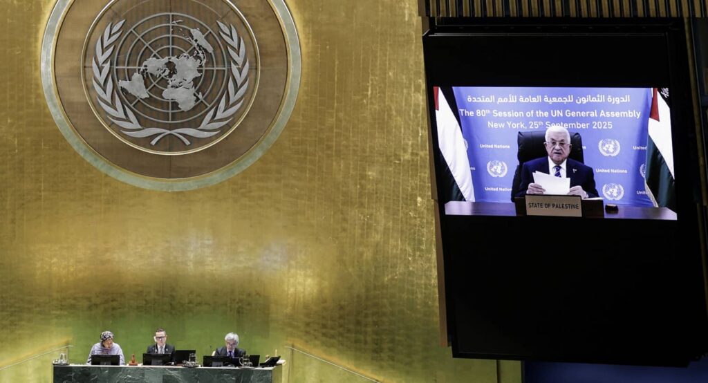 Palestinian Authority President Mahmoud addresses the 80th UN General Assembly, September 25, 2025. Photo credit: REUTERS/Jeenah Moon.