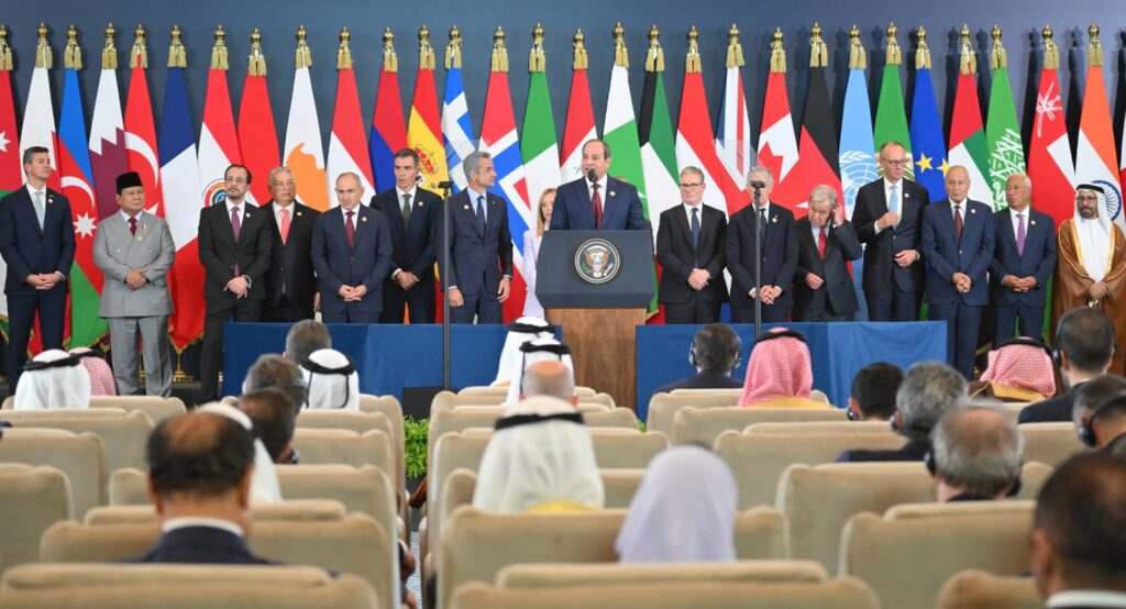 Egyptian President Abdel Fattah al-Sisi delivers a speech during the Sharm el-Sheikh Peace Summit in Egypt, October 13, 2025. Photo credit: Blondet Eliot/ABACA via Reuters Connect.