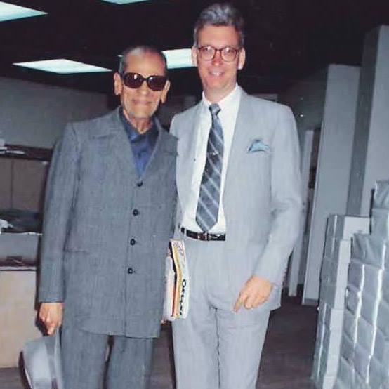 Naguib Mahfouz with the author in the offices of the American University in Cairo Press, Mahfouz’s English-language publishers and literary agents, March 1990. Photo credit: Raymond Stock.